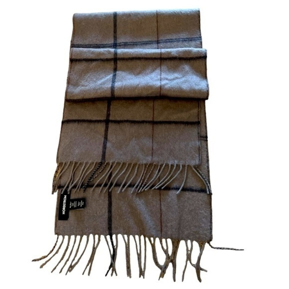 NORDSTROM 100% Cashmere Gray Black & Purple Windowpane Plaid Scarf w/ Fringe